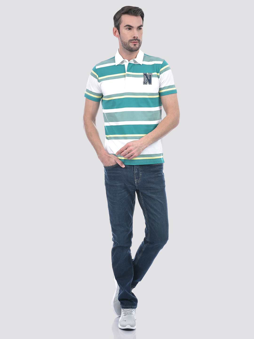 Numero Uno Men Green Striped Polo T-Shirt